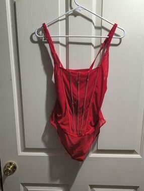Auden Red Mesh Corset-Style Bodysuit